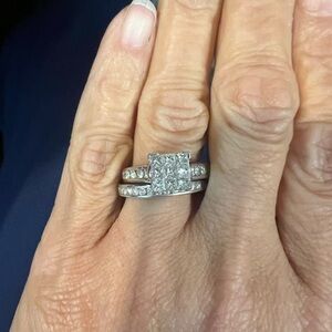 Silver Diamond Halo Engagement Ring Set